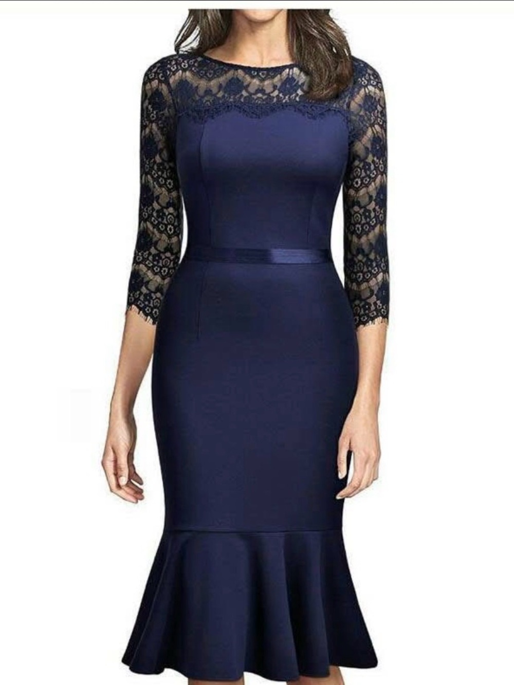MIUSOL Navy Lace 3/4 Sleeve Ruffle Mermaid Midi Dress - Medium